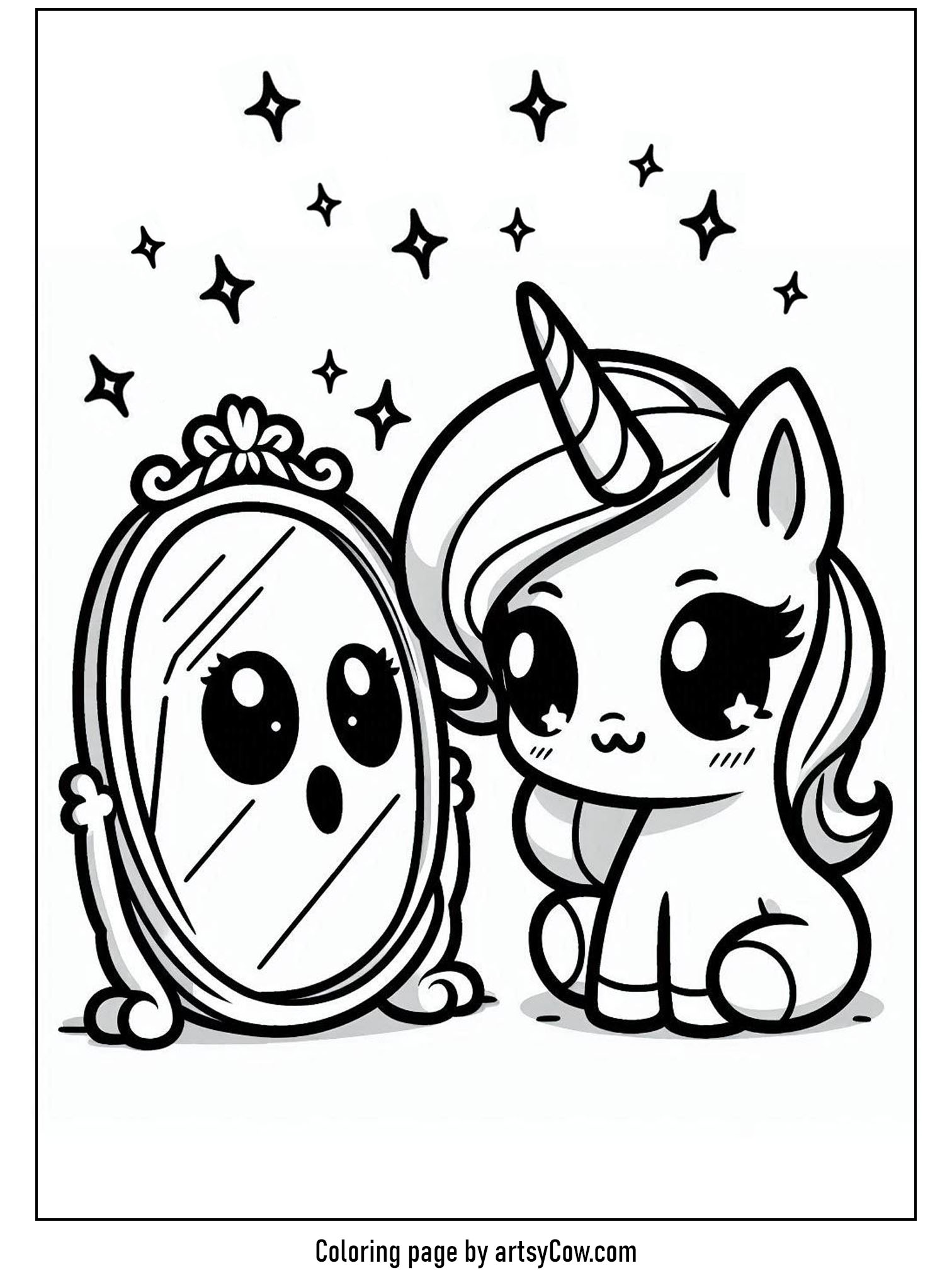 Halloween coloring pages with unicorn 2: a cute unicorn looking at a haunted mirror with a surprised ghostly reflection, surrounded by twinkling stars.